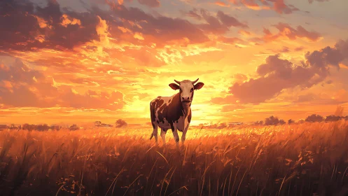 Golden meadow sunset with a quietly curious cow at rest.