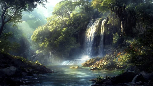 Luminous Cascade: Where Misty Woodlands Meet Thundering Waters.