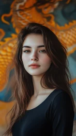 Portrait of young woman before stylized dragon mural.