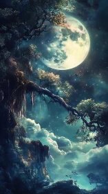 Moonlit forest leans toward a drifting, dream-bright sky