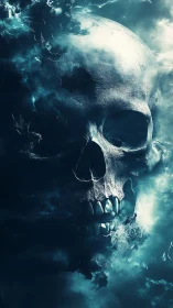 Ethereal skull materializes from turbulent cyan vapor fields