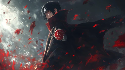 Solitary anime warrior stands in a storm of crimson leaves