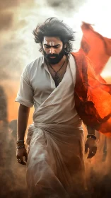 Fierce robed wanderer walking through glowing sunset haze.