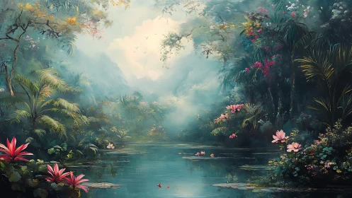 Mist-laden tropical lagoon with layered botanical chromatics.