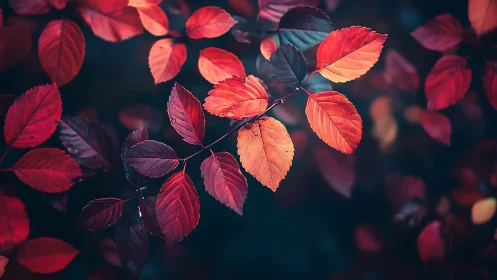 Crimson autumn leaves glow gently against a deep blue hush