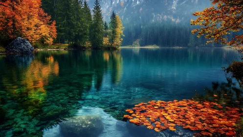 Mountain lake with autumn foliage and clear reflective water.