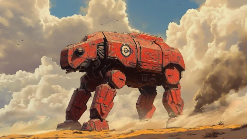 Red quadruped combat mech walking across dry desert plain.
