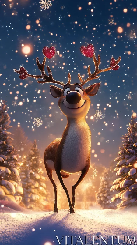 Smiling cartoon reindeer in snowy Christmas forest scene.