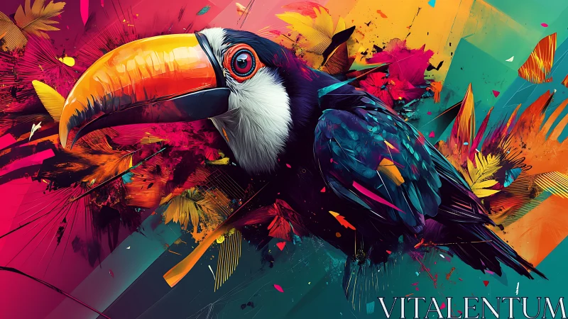 Vibrant toucan in abstract digital art with bold color splashes.