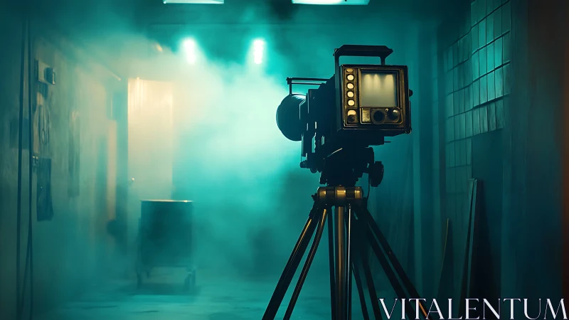 Vintage studio camera in teal cinematic smoke corridor.