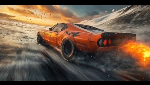 Orange muscle car on wet road with rear flame exhaust trail.