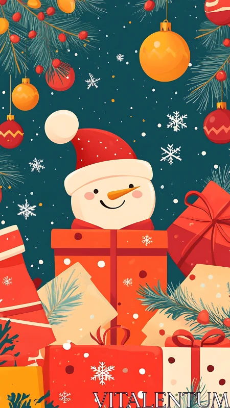 Vector snowman portrait embedded in stacked gift box composition