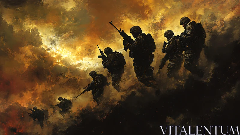 Silhouetted soldiers move forward through burning storm clouds
