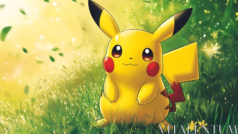 Pikachu rests in a glowing meadow bathed in golden light