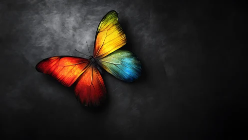Vivid rainbow butterfly on dark textured background.