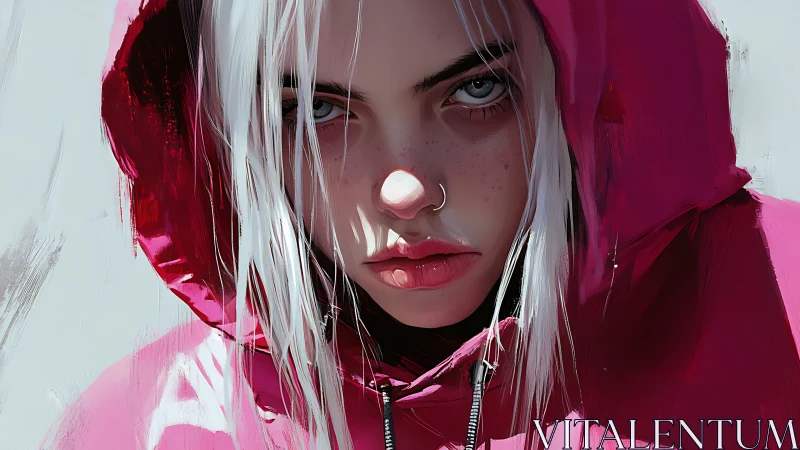 Digital portrait hooded woman in bold magenta jacket.