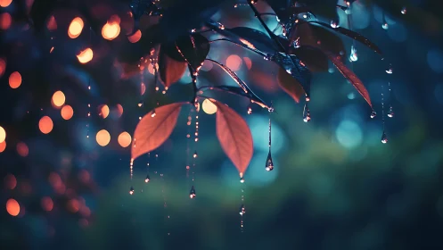 Moody raindrops on crimson leaves with cinematic bokeh glow.