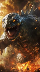 Titanic lava-drenched kaiju charging through erupting inferno.