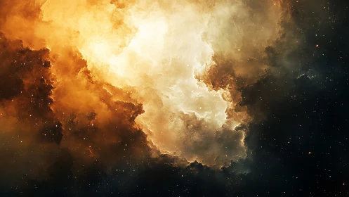 Stellar nebula cloud glows with golden ionized gases.