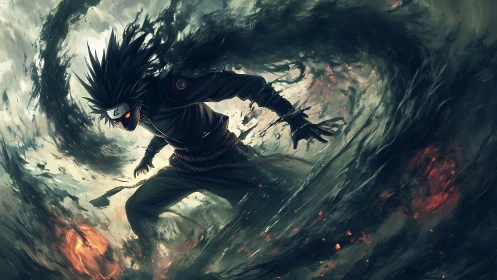 Dark ninja channels swirling elemental shadows in battle