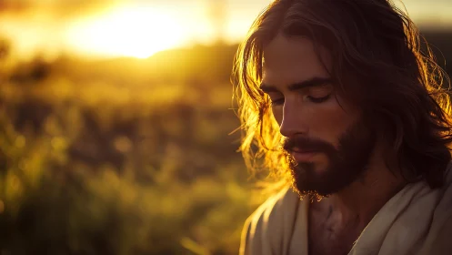 Contemplative man in golden sunset field portrait lighting.