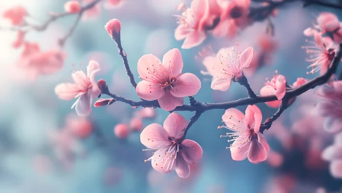 Delicate Pink Blossoms Dance Against Soft Blue Bokeh Light