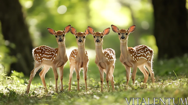Four curious fawns share a sunlit moment in the forest