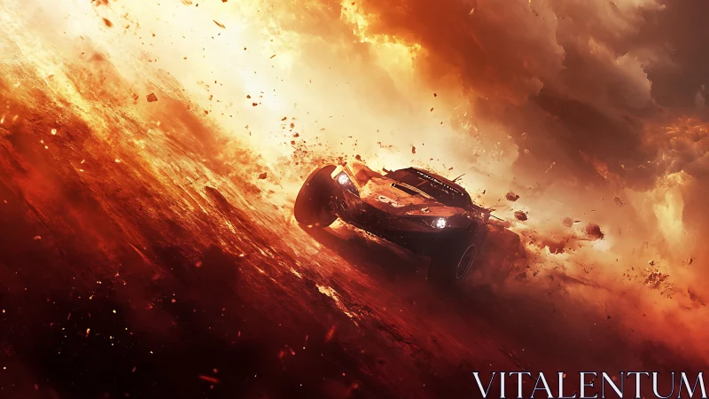 Off-road racing car in fiery dust storm environment.