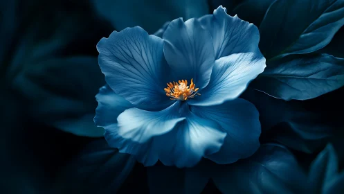 Blue Flower with Luminous Orange Stamens Against Dark Bokeh.