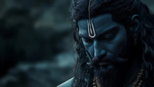 Blue-skinned meditative deity portrait in cinematic chiaroscuro.