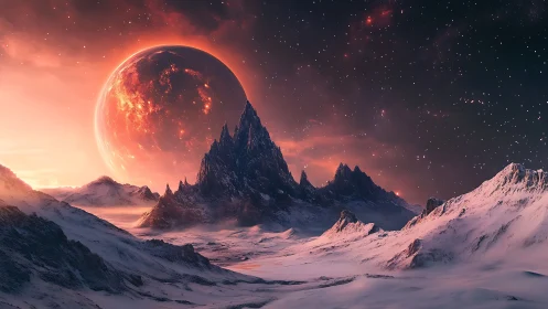 Crimson planet rising over silent snowbound spires.