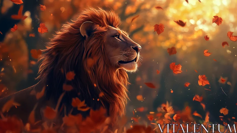 Majestic lion enjoys a golden autumn forest breeze calmly