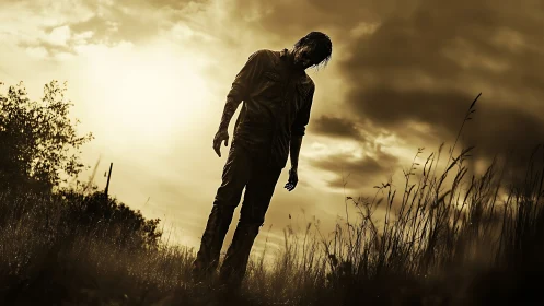 Sunset-staggering scarecrow soul wanders the dead field.