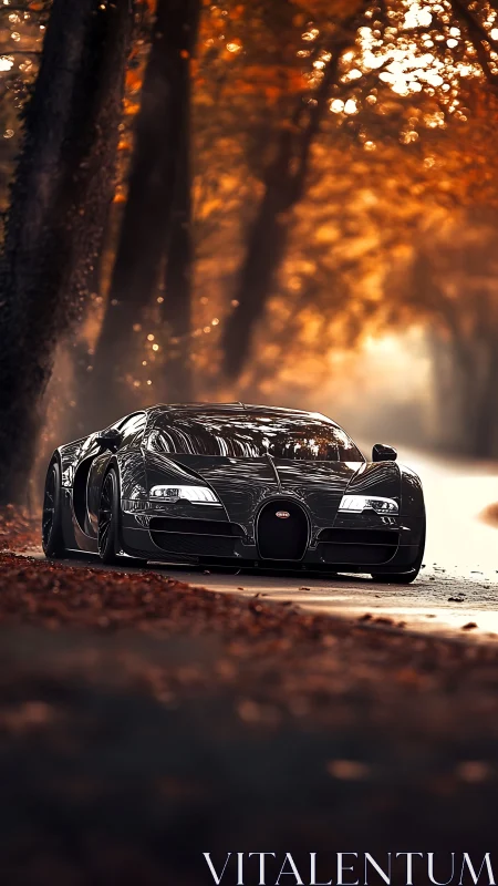 Sleek black supercar gliding through a golden autumn road.