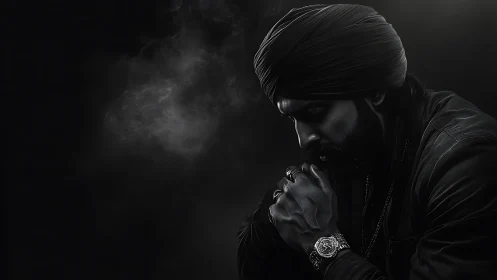 Contemplative turbaned man in dramatic monochrome chiaroscuro.