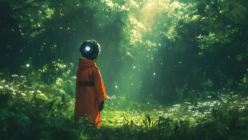 Helm of starlight wandering a green cathedral of sunbeams.