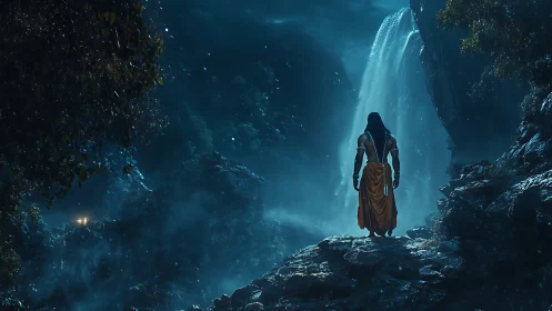 Warrior in orange robe observing night waterfall scene.