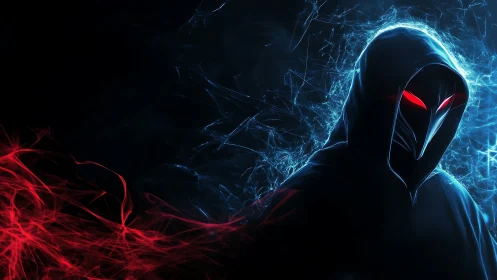 Shrouded hooded figure glows with red eyes and crackling energy