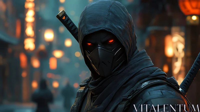 Masked cyber ninja stalks a neon-lit alleyway at night