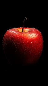Glossy red apple with water droplets on black background.