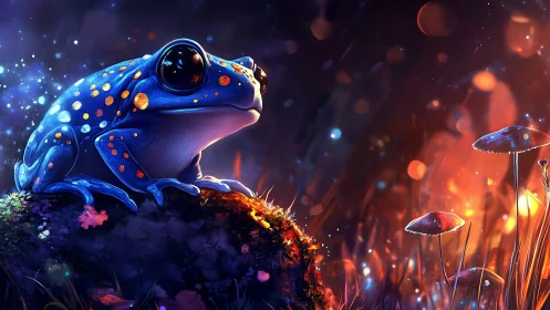 Star-splashed neon frog dreaming in a glowing woodland dusk.