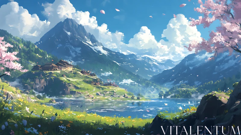 Spring clouds waltz above a tranquil cherry mountain village