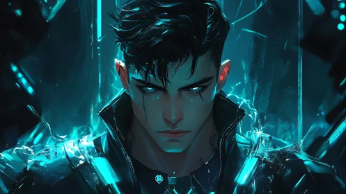 Electric gaze of a cyberpunk hero standing in neon storms