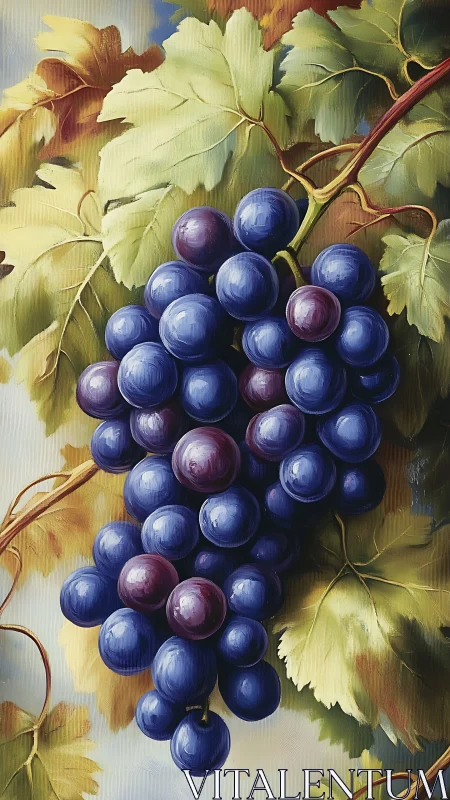 Oil still life of ripe grape cluster with luminous foliage.