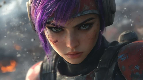 Purple‑haired armored combatant in close frontal view.