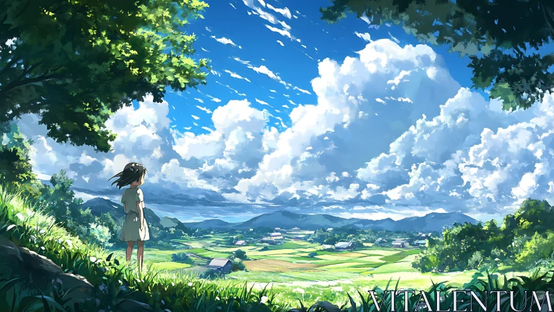Summer wind girl gazes across cloud-bright country horizon.