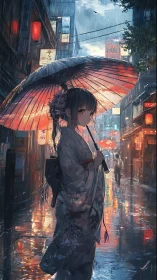 Kimono-clad girl pauses beneath glowing umbrella in rain-soaked street.