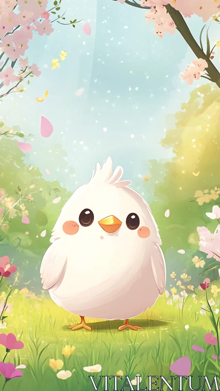 Chibi white songbird character in luminous spring meadow grove