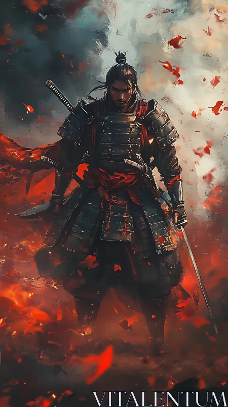 Armored samurai stands in burning battlefield with swords drawn