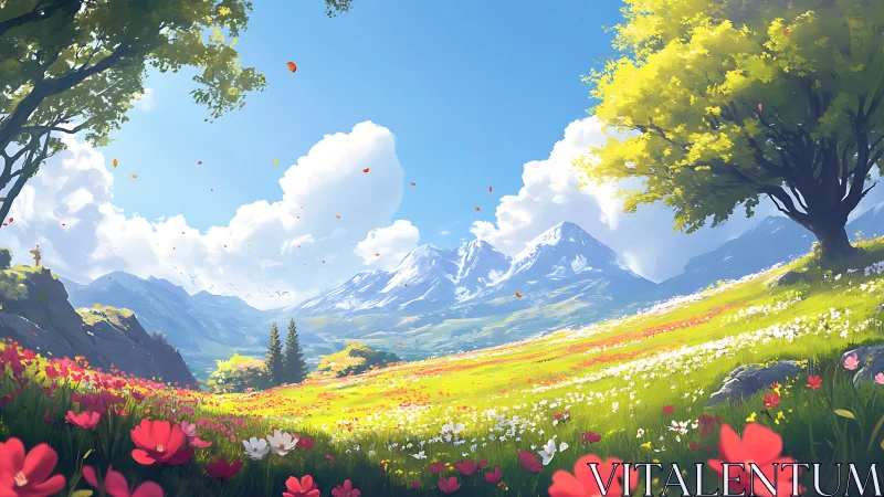 Vibrant mountain meadow under bright summer sky.